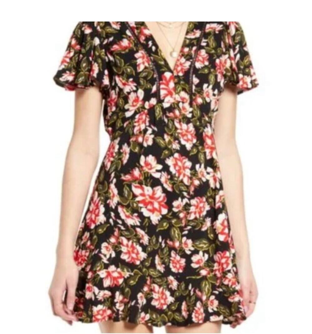 Band of Gypsies Black Floral Flutter Sleeve Dress Boho S